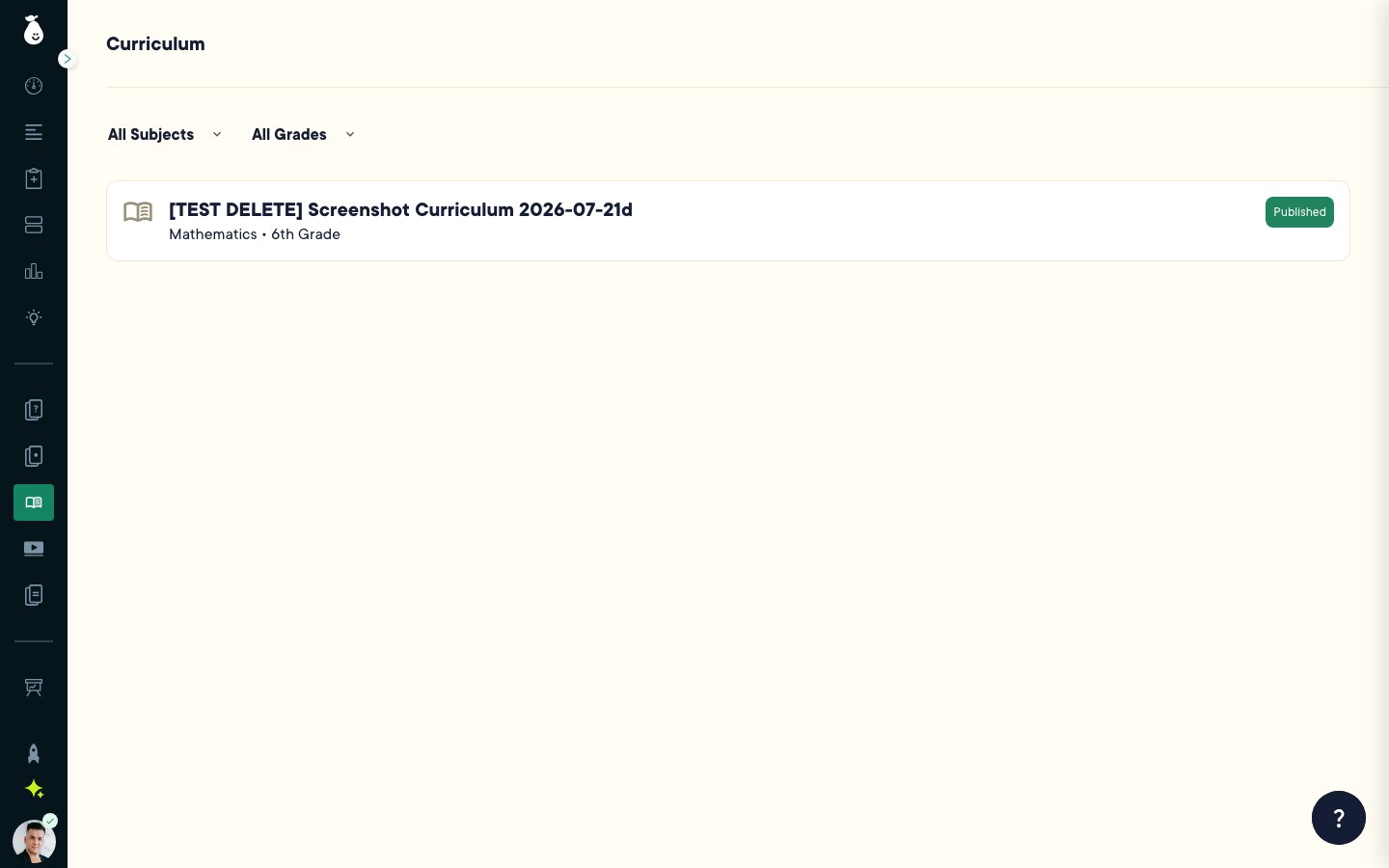 Teacher's Curriculum tab showing a Published curriculum in the list