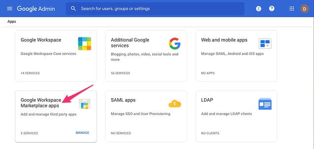 2. Google admin, apps page, zoomed with arrow