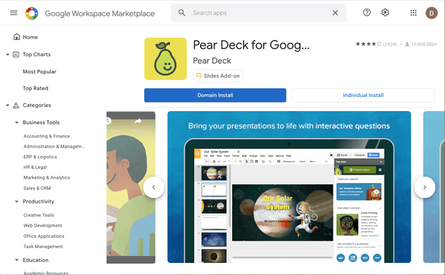 Pear Deck domain install button
