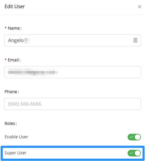 'Edit User' interface demonstrating how to toggle Super User access for a user on before hitting 'save'