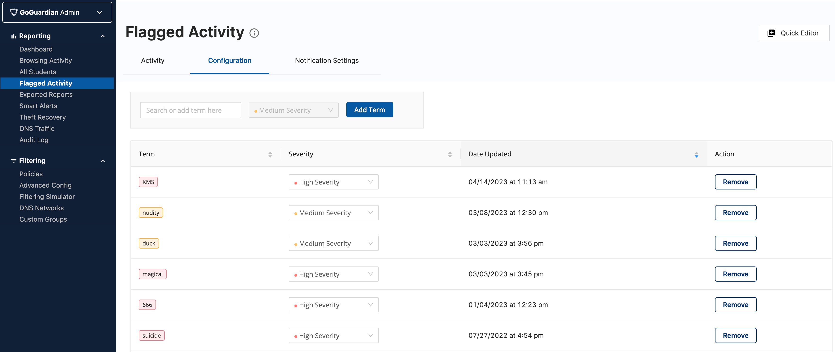 The Flagged Activity Configuration page where flagged terms can be added or searched for.