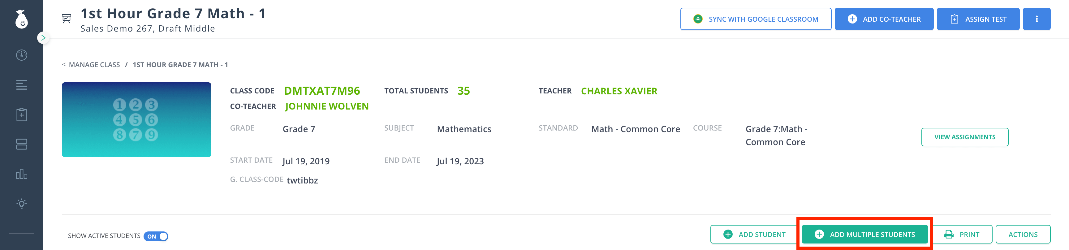Click Add Multiple Students.