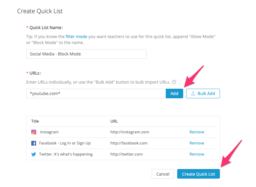 Screenshot of the Create Quick List window highlighting where to add websites and the Create Quick List button