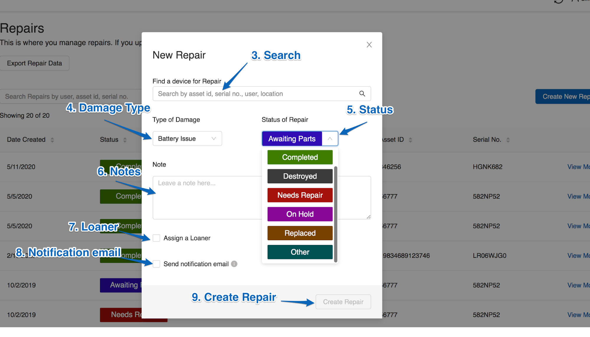 “New Repair” interface in Fleet used to select damage type, add notes, repair status, with options to send…