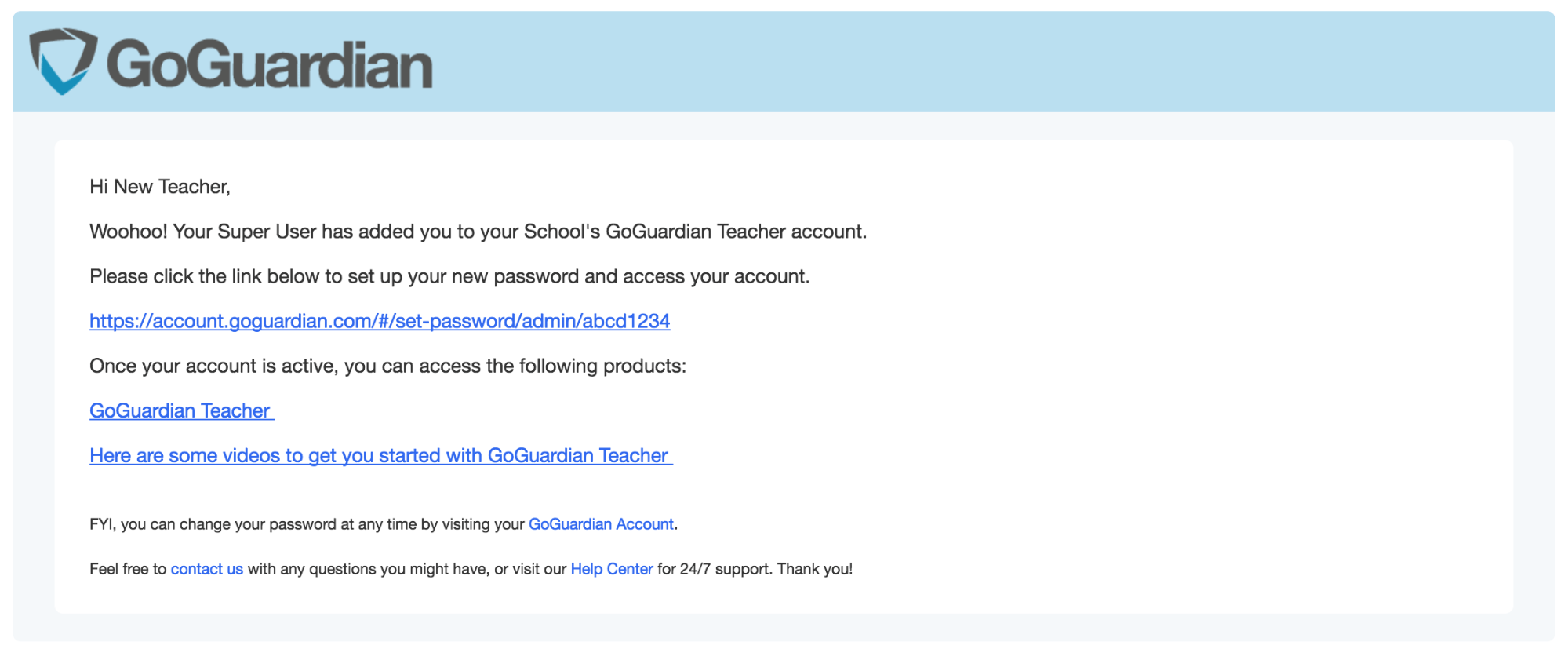 The welcome email a new GoGuardian user would receive when their account is created