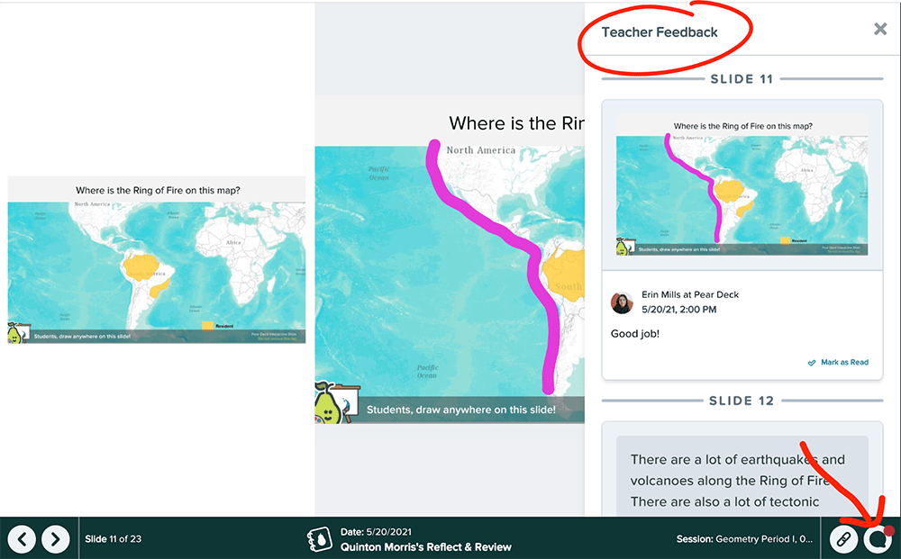 Reflect & review, student feedback from dashboard, red arrow