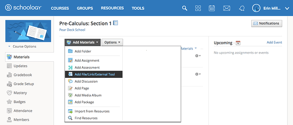 schoology, course page, Add File/Link/External Tool