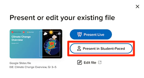 Modal window with the button entitled present in student-paced highlighted in red
