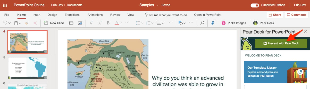 PowerPoint Online with Pear Deck Add-in; green button entitled present with pear deck highlighted with a red arrow
