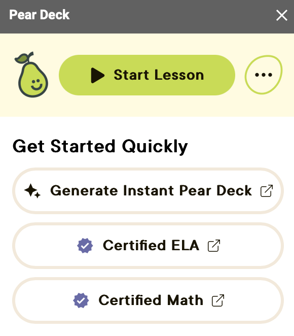Google Slides with Pear Deck Add-on; green button entitled start lesson, highlighted with a red arrow