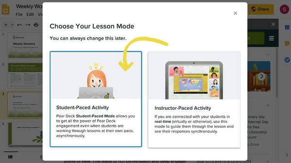 Session Launchpad showing a yellow arrow indicating to choose the Student-Paced Activity box