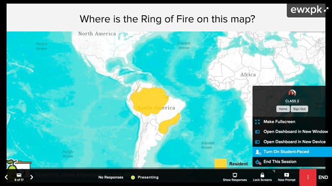 Live Presentation window showing the opened Navigation Bar with the Turn on Student-Paced option highlighted in blue