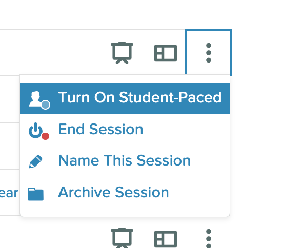 Sessions page with a red arrow pointing to a 3-dot menu; menu is open with the option turn on student-paced…
