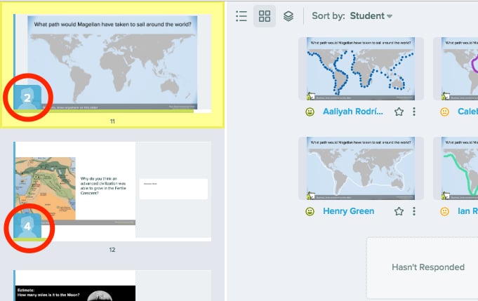 Teacher Dashboard screen showing the number of students on each slide and green Progress Bars indicating how many…
