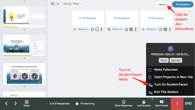 Dashboard, join instructions and turn on student-paced, arrows