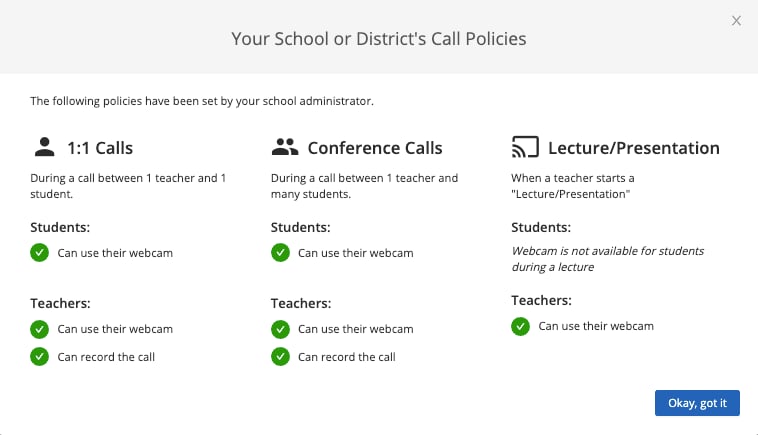 Your School or District's Call Policies. The following policies have been set by your school administrator. 1:1…