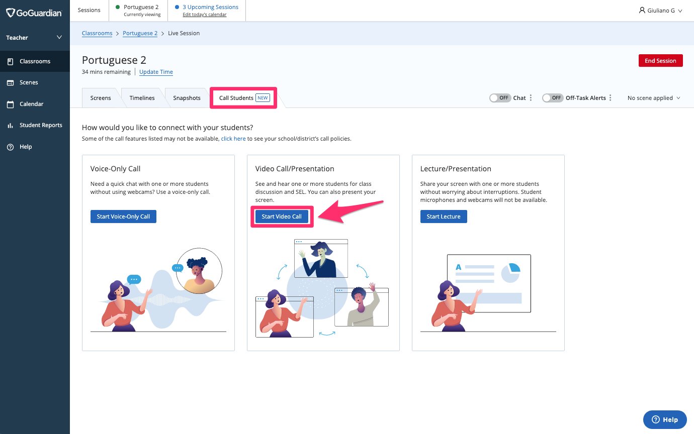 GoGuardian Teacher dashboard. Active class: Portuguese 2. Tabs: Screens, Timelines, Snapshots, Call Students…