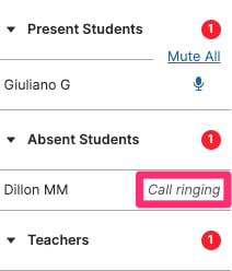 Present Students: 1. Option: Mute All. Listed: Giuliano G. icon indicating microphone is on. Absent Students: 1.…