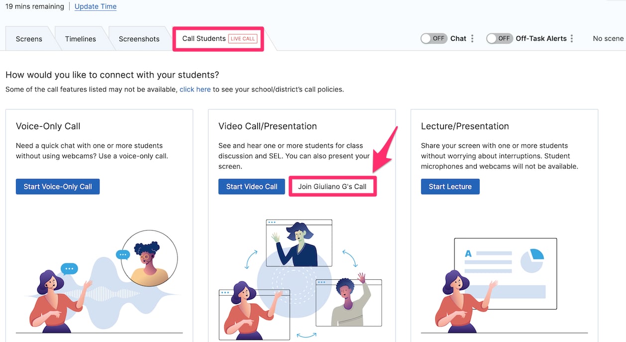 GoGuardian Teacher active class dashboard. Tabs: Screens, Timelines, Screenshots, Call Students: LIVE CALL…