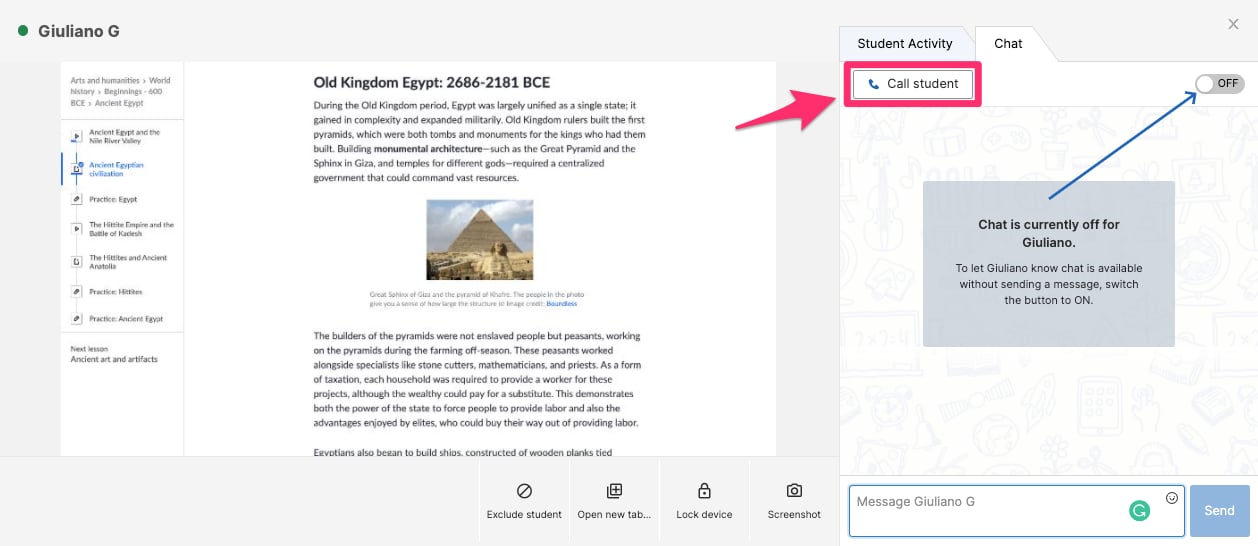 Student screen opened for Giuliano G. Tab options: Student Activity and Chat (selected). Button: Call Student. Chat…