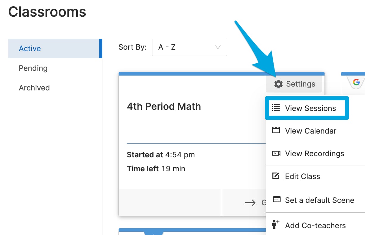 The "view sessions" tab accessed by hitting the "settings" button of a class