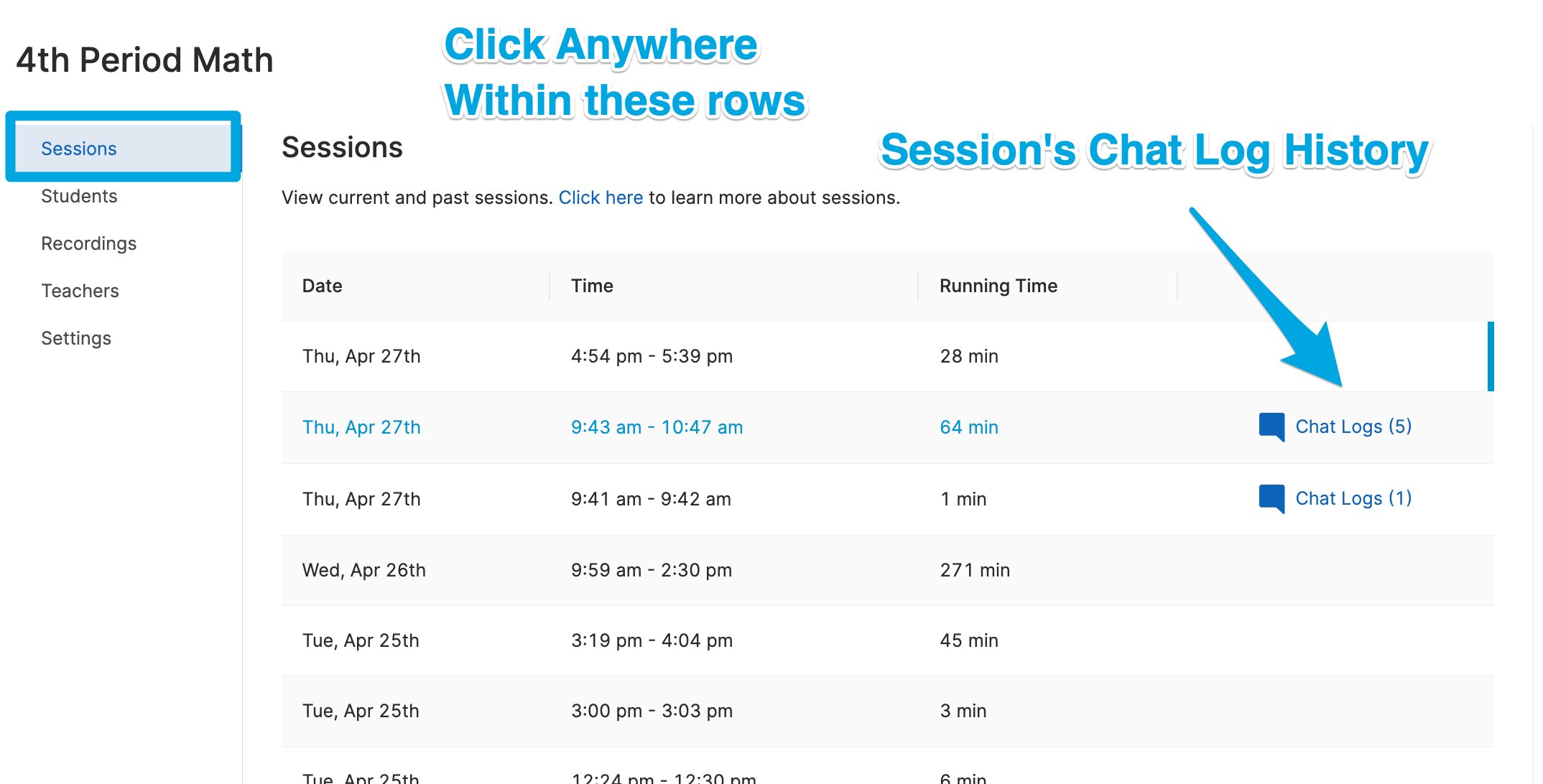 Previous Session page view showing previous class sessions and chat logs