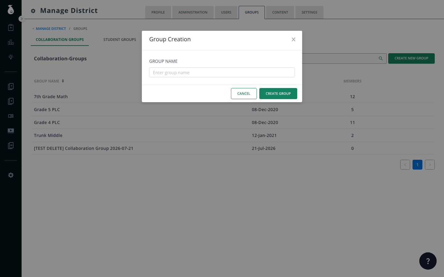 Pear Assessment Group Creation modal with an empty Group Name field and the Create Group button