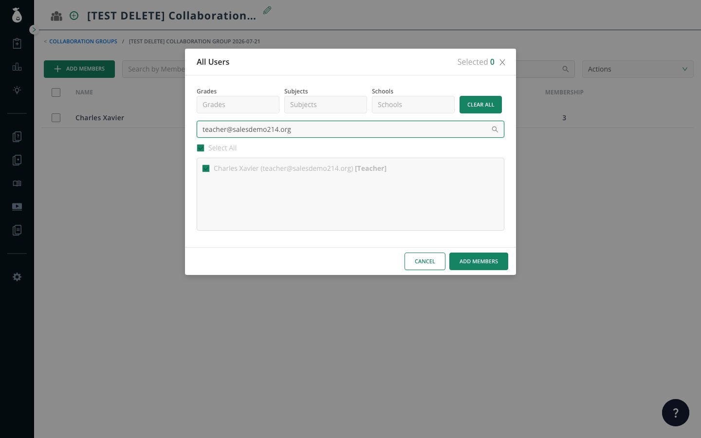 Pear Assessment Add Members modal with a teacher search result selected via checkbox, ready to add to the group