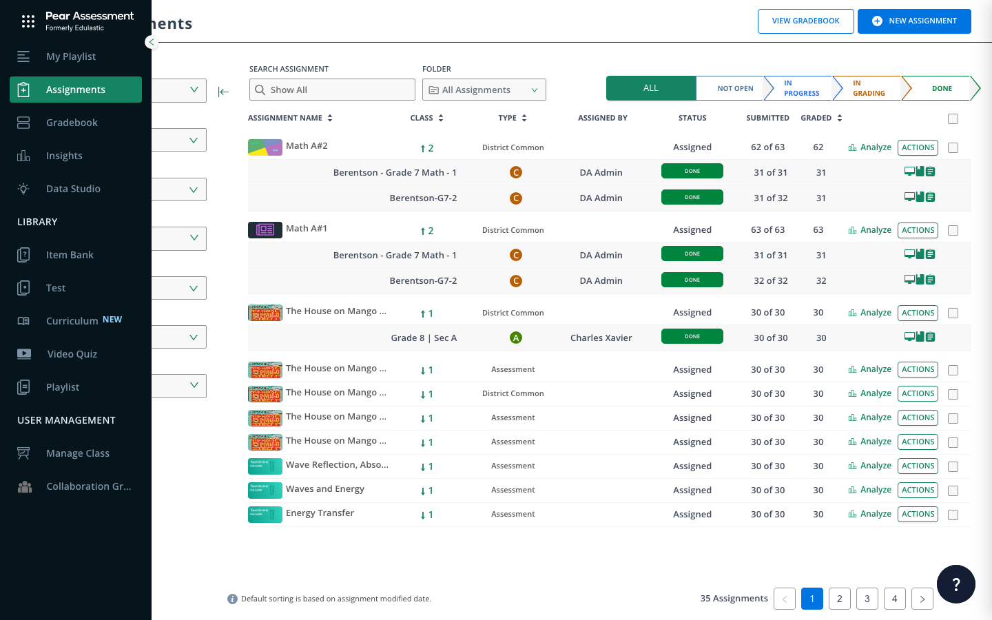 Pear Assessment teacher navigation menu with the Collaboration Groups link visible after being added to a group