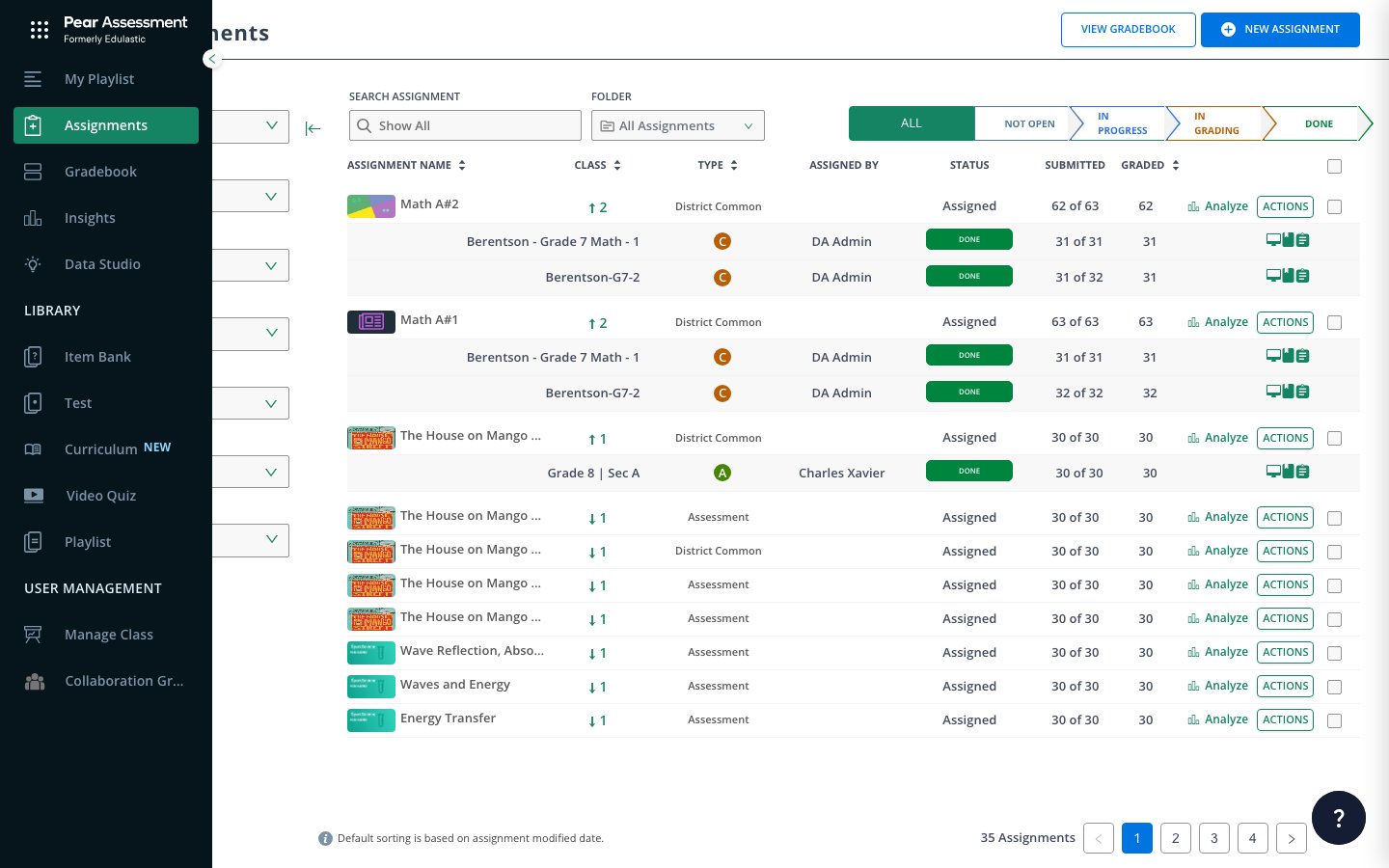 Pear Assessment teacher navigation menu with the Collaboration Groups link visible after being added to a group