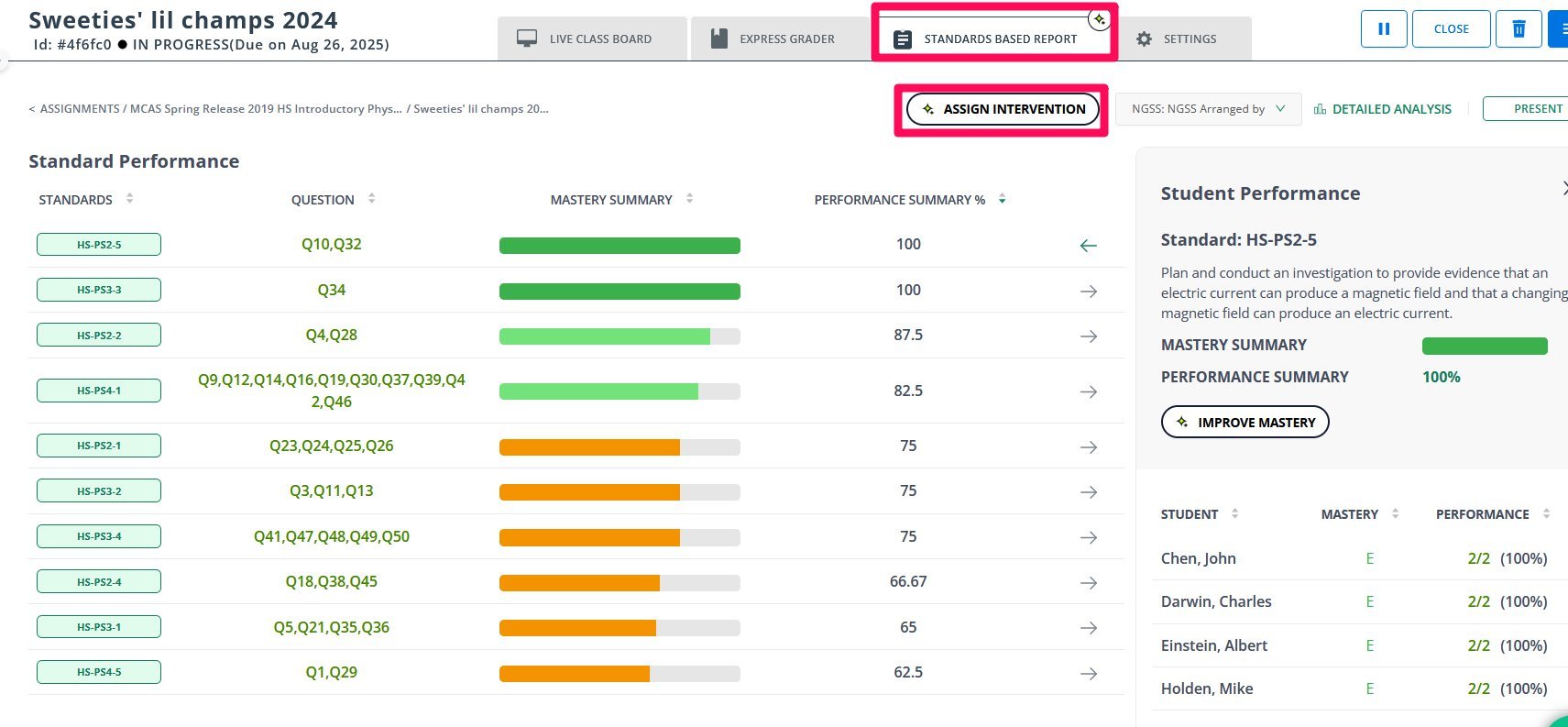 Standards Based Report tab with the Assign Intervention button highlighted