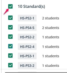 Standards selection showing 10 selected standards with student counts