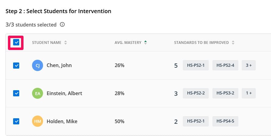 Select Students for Intervention screen showing mastery percentage and standards to improve for each student