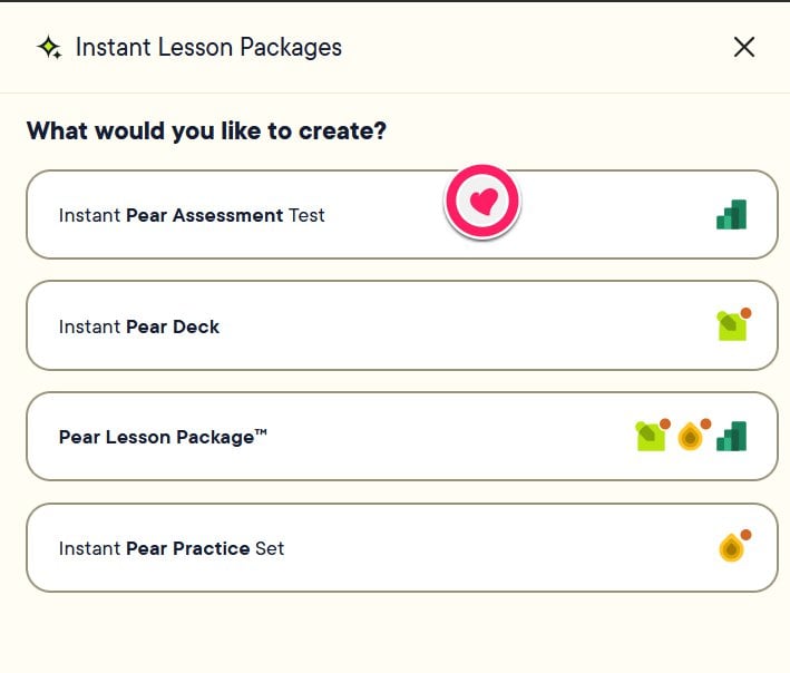 Instant Lesson Package modal showing lesson, practice, and assessment creation options