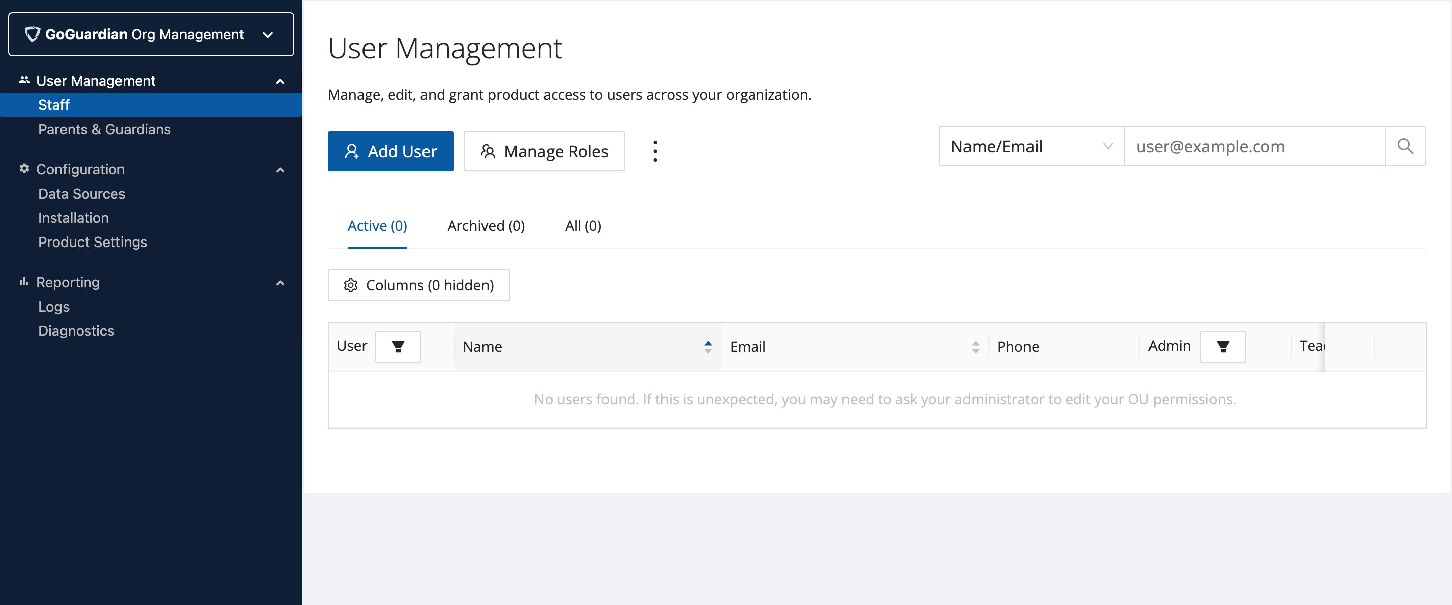 Org Management — User Management page showing Add User and Manage Roles buttons