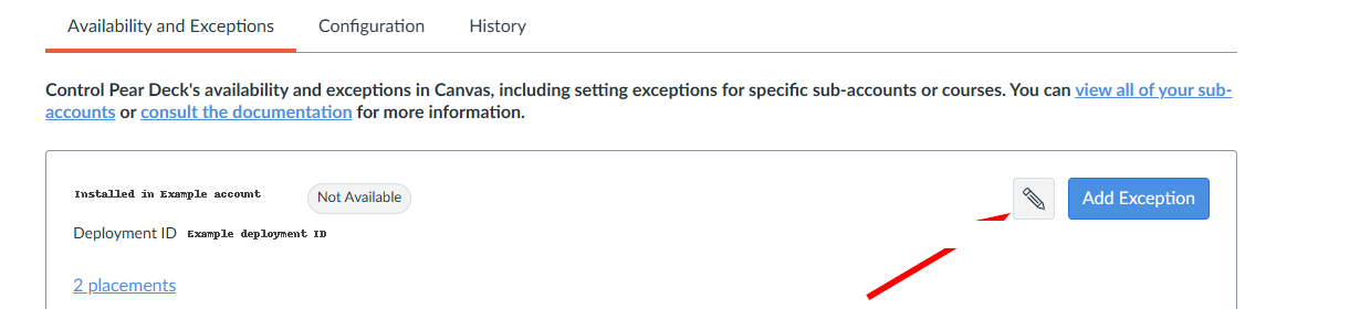 Canvas Pear Deck app Availability and Exceptions tab with the Not Available control used to change app availability