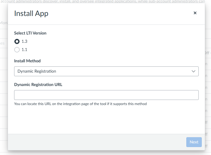 Canvas Install App form with LTI 1.3 and Dynamic Registration selected and a Dynamic Registration URL field