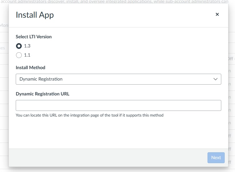 Canvas Install App form with LTI 1.3 and Dynamic Registration selected and a Dynamic Registration URL field