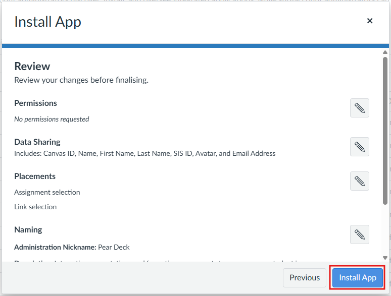Canvas installation review showing data sharing, assignment and link selection placements, and the Pear Deck administration nickname