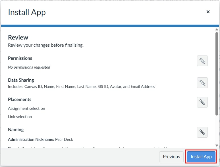 Canvas installation review showing data sharing, assignment and link selection placements, and the Pear Deck administration nickname