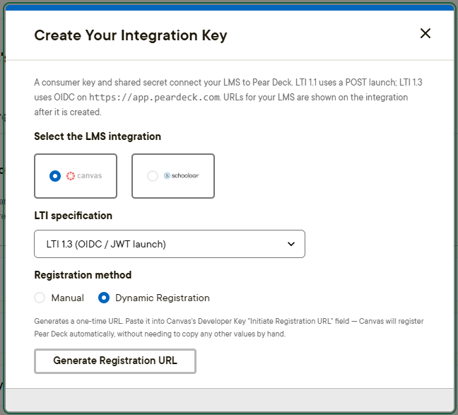 Pear Deck integration form with Canvas, LTI 1.3, and Dynamic Registration selected