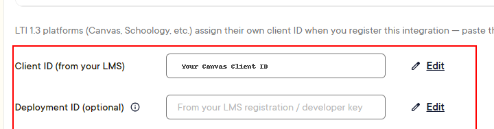 Pear Deck integration details showing the Client ID and optional Deployment ID fields with Edit controls