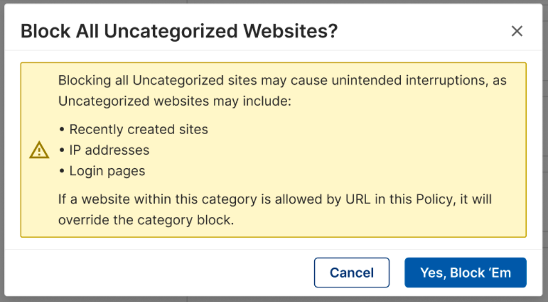 GoGuardian Admin confirmation prompt for blocking uncategorized websites
