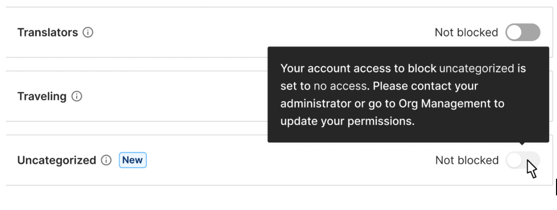 GoGuardian Admin policy showing No Access for the Block Uncategorized setting