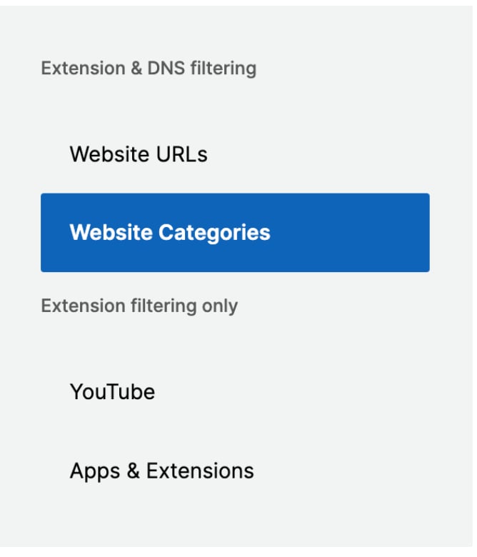 GoGuardian Admin Website Categories section showing the Uncategorized setting
