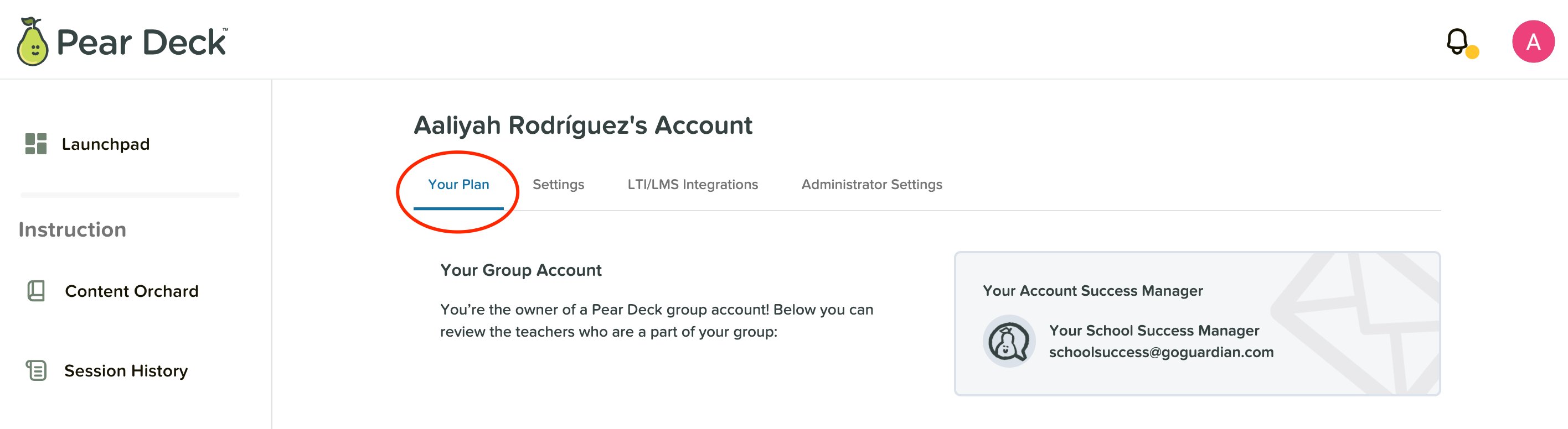 My Account Page for Subscription Managers with the My Plan tab circled in red