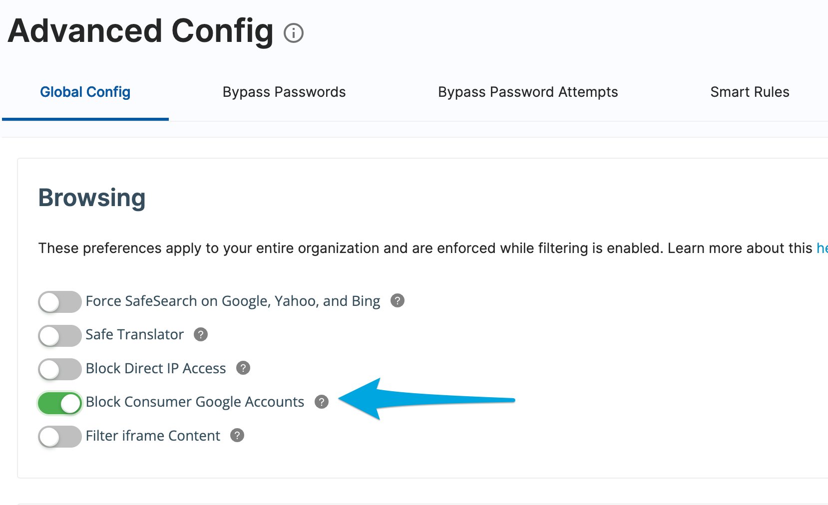 The "Block Consumer Google Accounts" setting in the Advanced Config page of GoGuardian Admin
