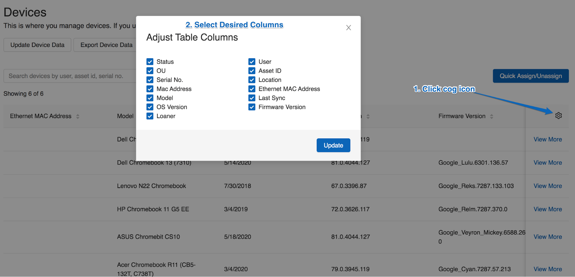Fleet: Devices. In the header of the far right column contains a cog icon (selected). New window displays all coumn…