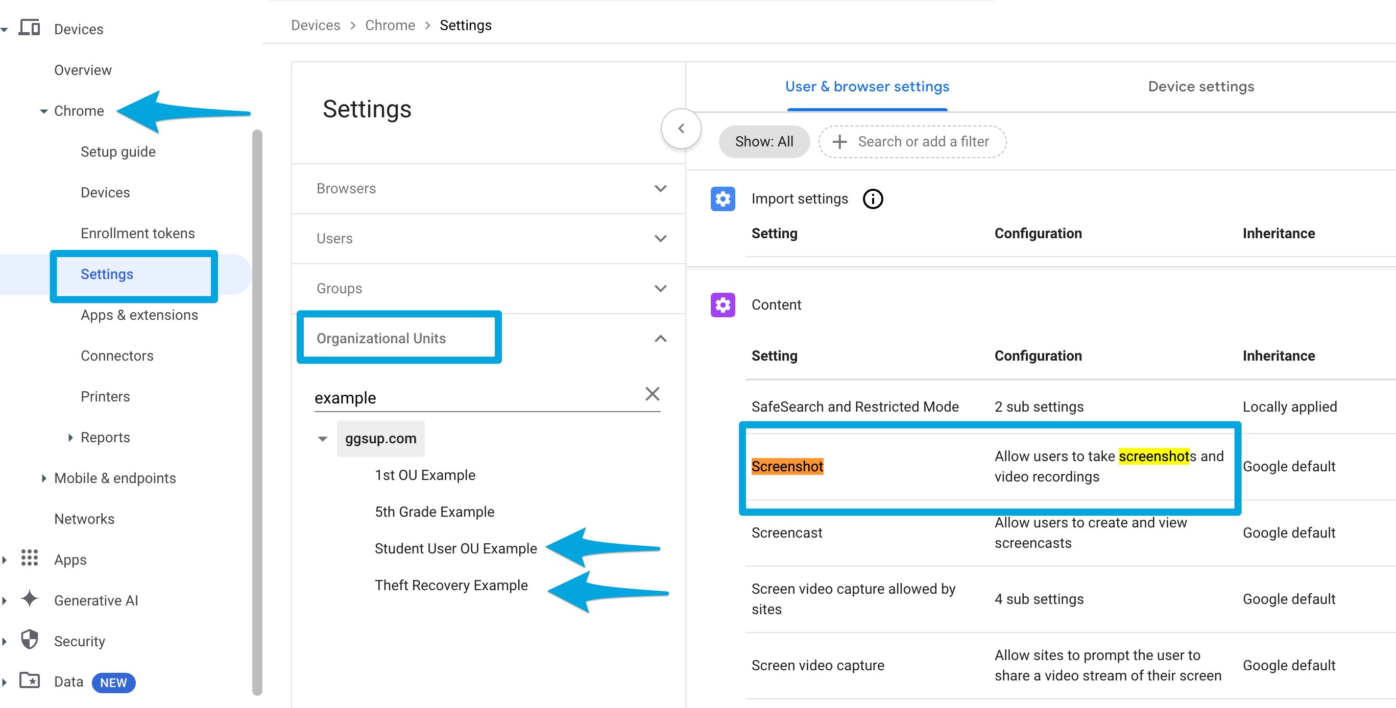 In User & browser settings, set Screenshot to Allow users to take screenshots and video recordings.