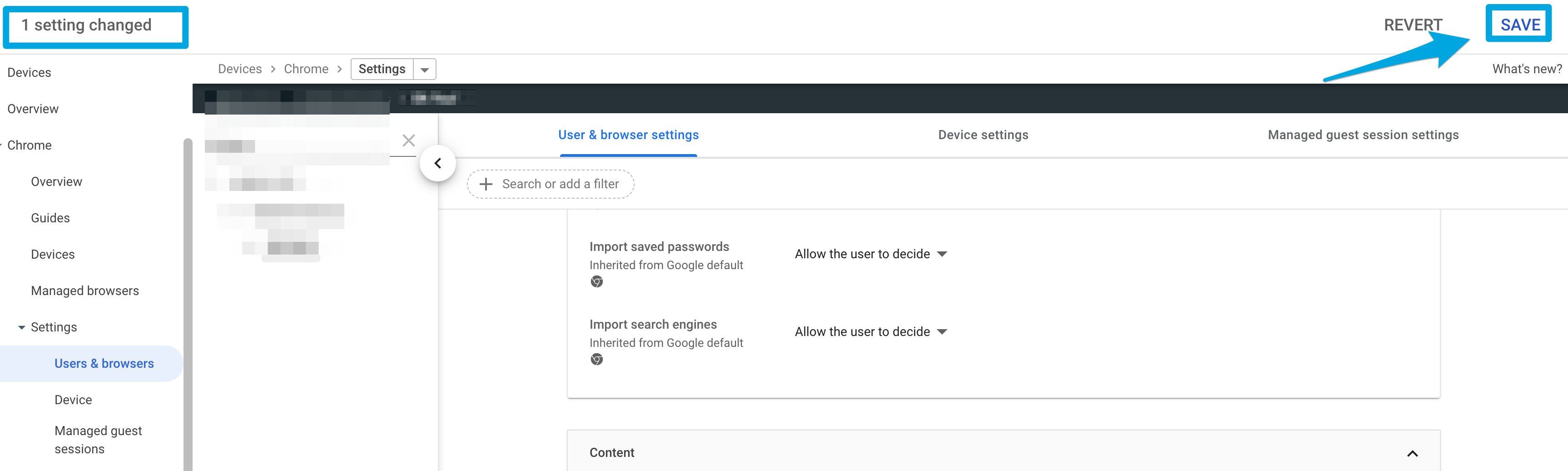 The 'Save' button in Google Admin Console after making changes